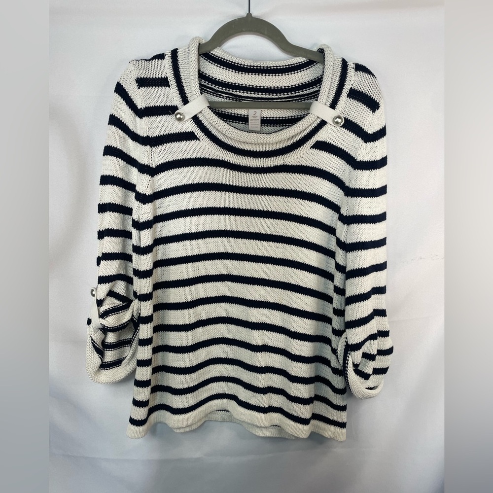 Chicos Nautical styled striped sweater with cute toggles at the neckline.